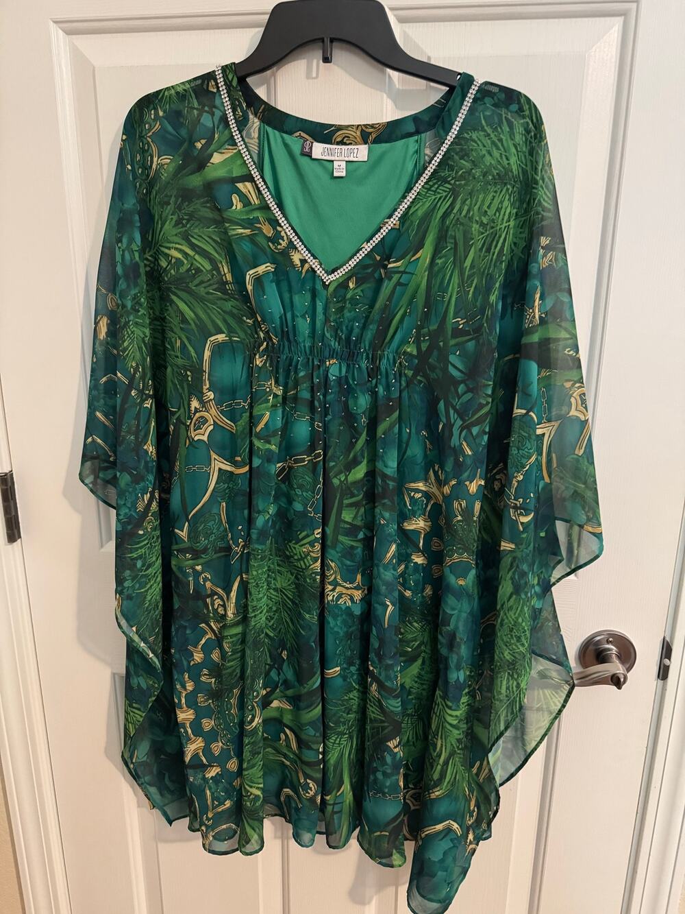 Jennifer Lopez Lined Jungle Tropical Kaftan Dress Sheer Overlay Green Gold M